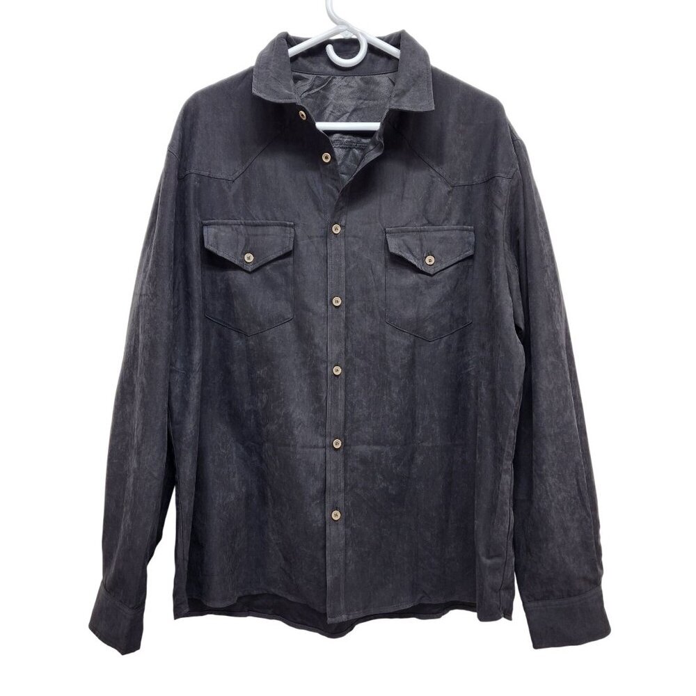 Mens Black Button-Up Long Sleeve Shirt Size XL Dual Chest Pockets